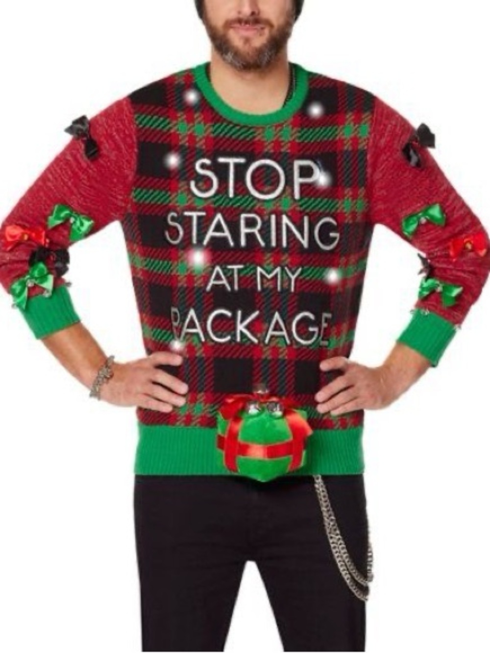 Men's Plaid Holiday Crewneck Sweater with Gift Ornament - Red/Green